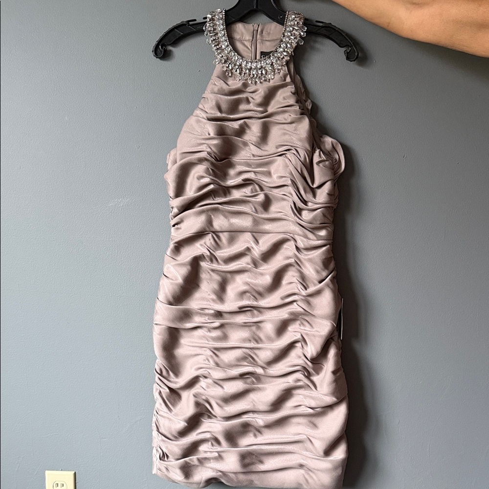 Cachet Ruched Satin Halter Dress with Beaded Neckline in Taupe